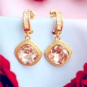 Elegant Gold-Tone Drop Earrings with White/Pink Cubic Zirconias
